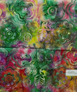Multicolor vibrant rainbow large overlapping floral stencil batik fabric by the yard.