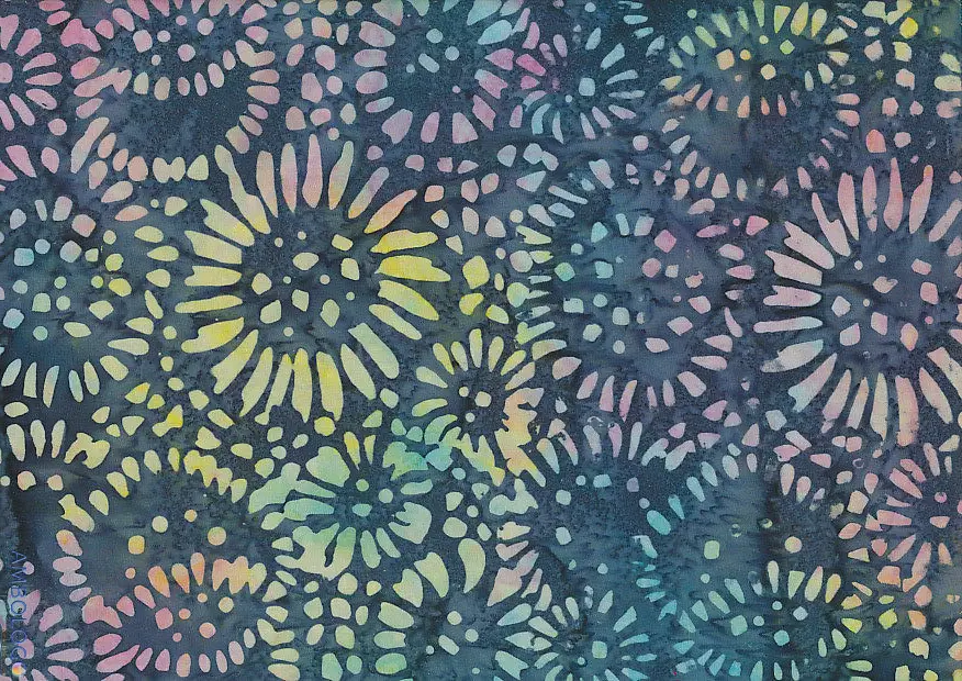 Dark slate gray batik fabric with pastel multicolor sunflower stamps