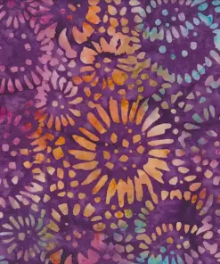 Violet purple and orange sunflower motif authentic batik fabric