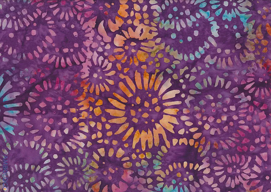 Violet purple and orange sunflower motif authentic batik fabric