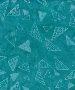 Dark cyan and teal handmade geometric batik fabric with stamped triangle patterns by the yard.