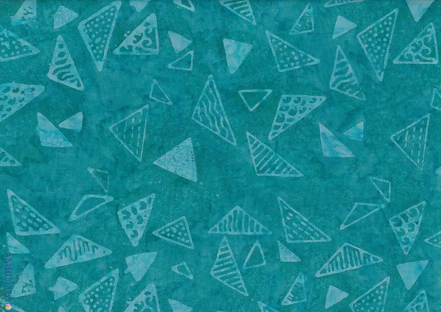 Dark cyan and teal handmade geometric batik fabric with stamped triangle patterns by the yard.