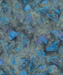 Mottled dark grey and blue handmade cotton batik fabric with bright geometric triangle stamps.
