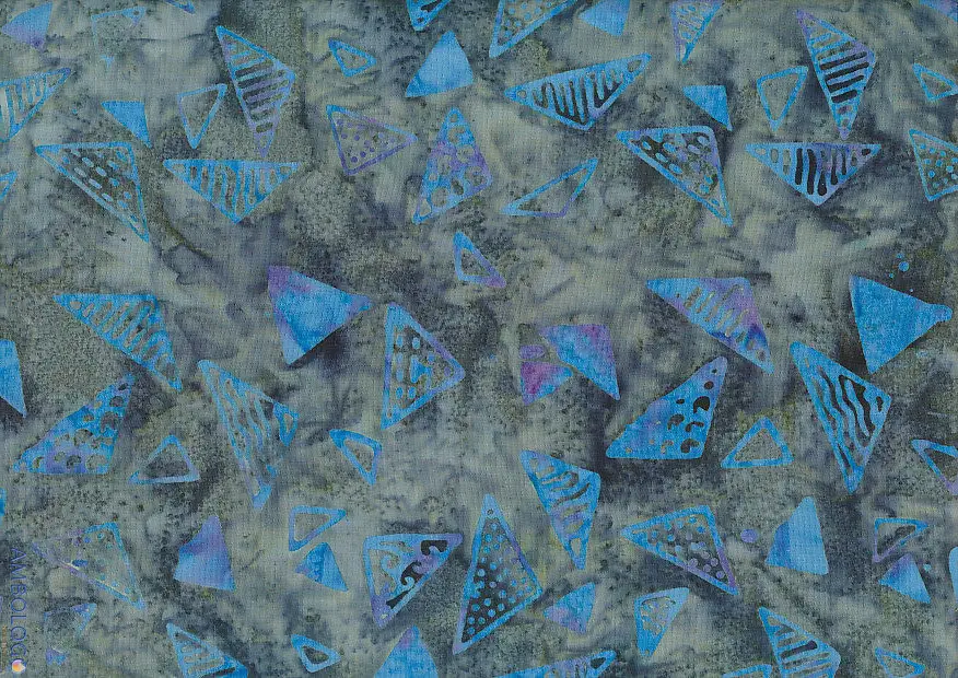 Mottled dark grey and blue handmade cotton batik fabric with bright geometric triangle stamps.