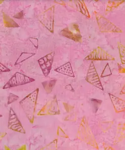 Light pink and gold geometric triangle batik fabric hand-stamped cotton for baby quilts.