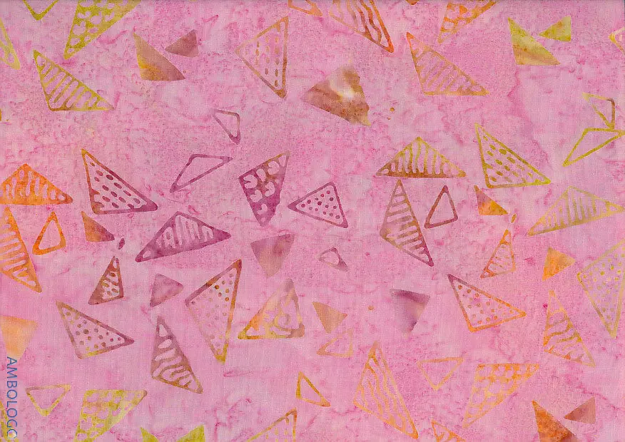 Light pink and gold geometric triangle batik fabric hand-stamped cotton for baby quilts.