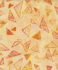 Light yellow and orange geometric batik fabric featuring hand-stamped triangle patterns for warm-toned quilting and apparel.