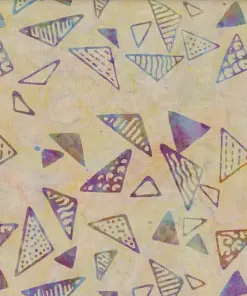 Light yellow and violet hand-stamped geometric batik fabric by the yard for pastel quilting and crafts.