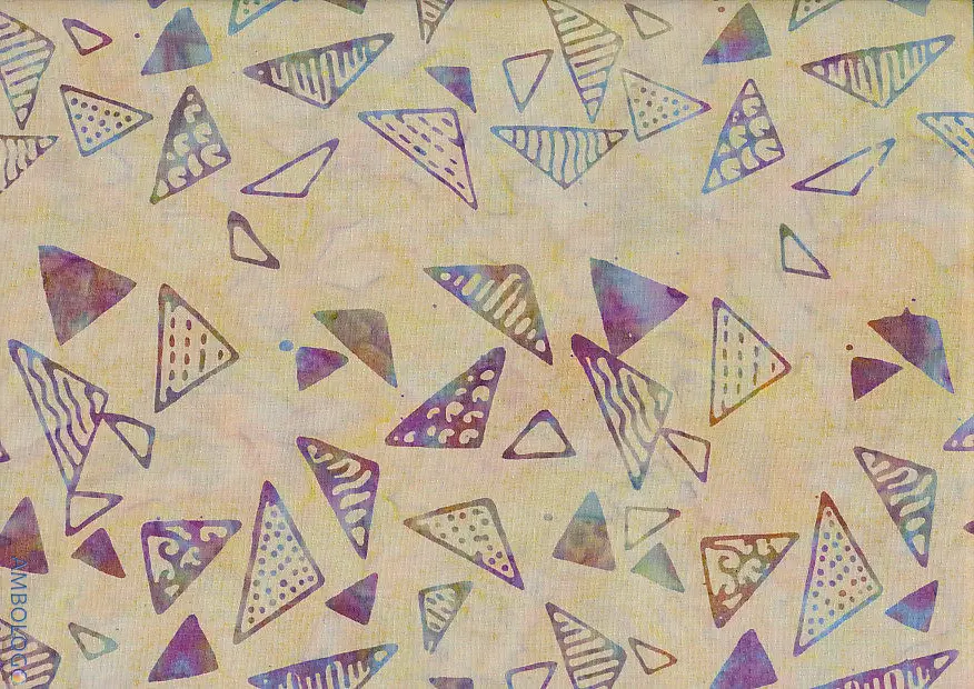 Light yellow and violet hand-stamped geometric batik fabric by the yard for pastel quilting and crafts.