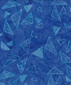 Deep ocean blue monochromatic geometric batik fabric with light blue triangle stamps for coastal crafts.