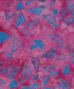 Text: Bright purple magenta and blue hand-stamped geometric triangle batik fabric for vibrant sewing.