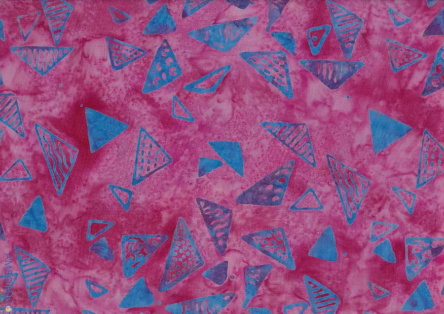 Text: Bright purple magenta and blue hand-stamped geometric triangle batik fabric for vibrant sewing.