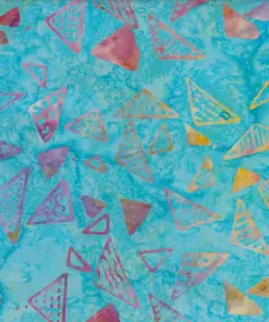 Sky blue turquoise geometric batik fabric with pastel pink triangle motifs for summer crafts.