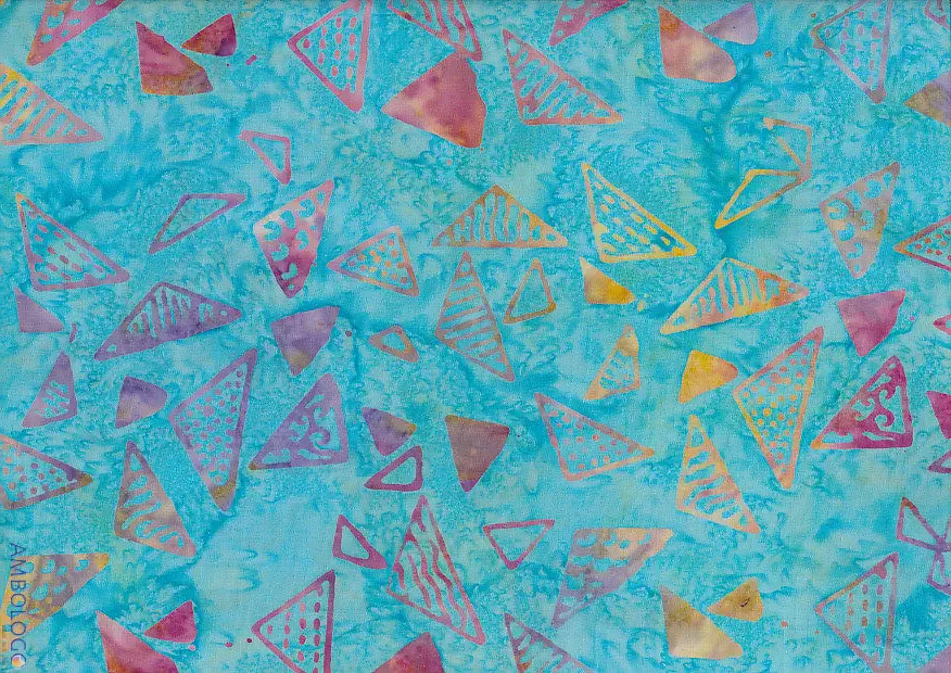Sky blue turquoise geometric batik fabric with pastel pink triangle motifs for summer crafts.