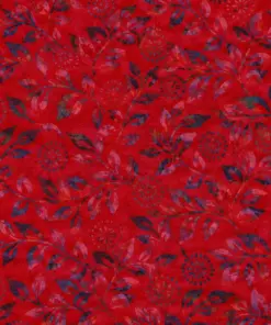 Vivid red floral batik fabric featuring a hand-dyed crimson botanical vine and leaf motif on 100% premium cotton.