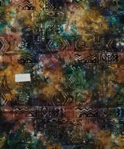 Dark earthy Bali batik fabric displaying an intricate ethnic geometric pattern in rich brown, deep blue, and forest green for premium sewing and quilting.