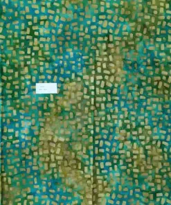 Vibrantly hand-dyed teal and brown batik fabric with a small random geometric block pattern on soft quilting cotton.
