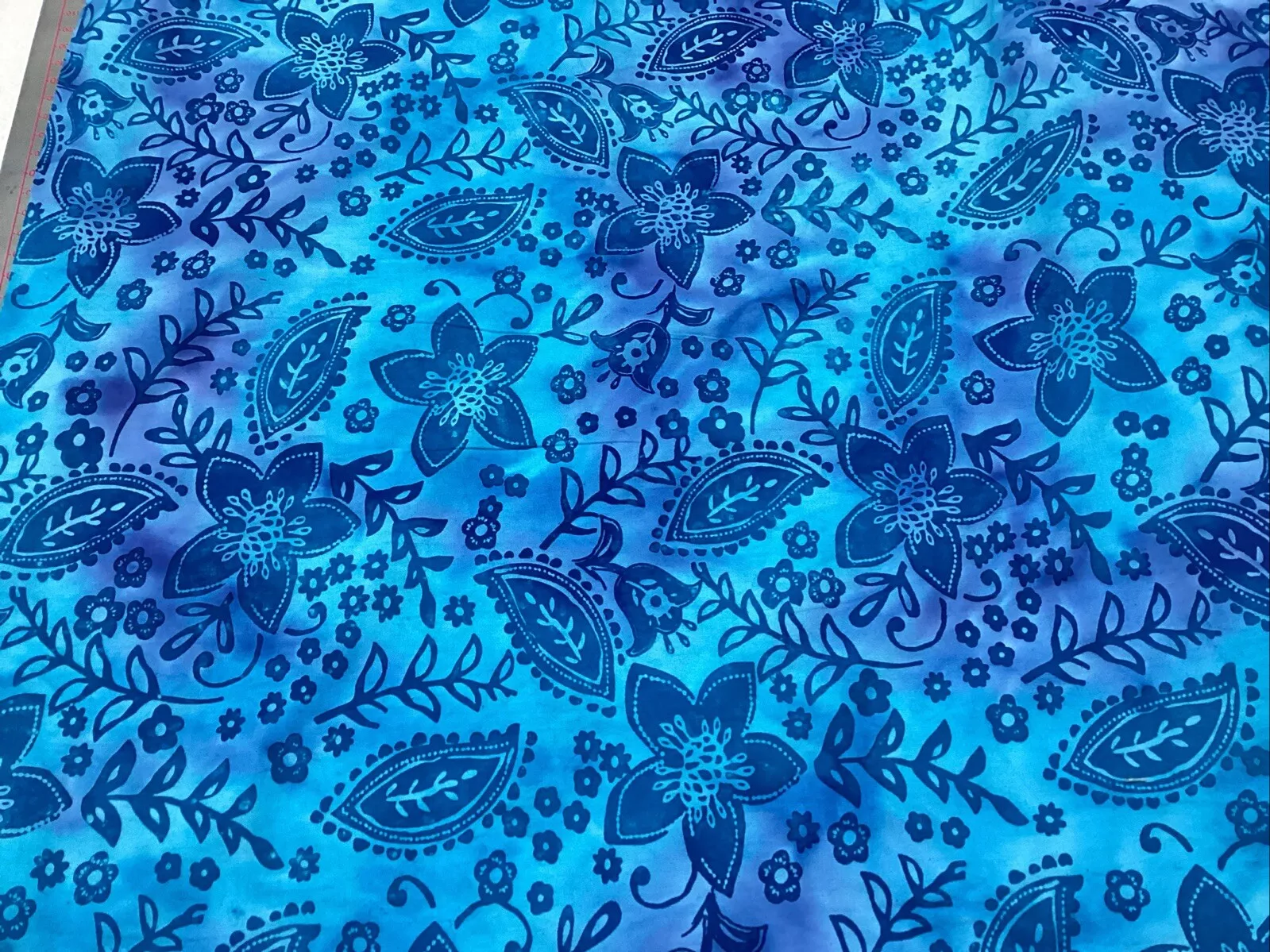 cean blue floral botanical hand-stamped batik quilting cotton fabric