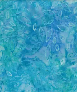 Batik fabric featuring bright abstract oval or bullet patterns scattered randomly over a mottled blue and green gradient background.