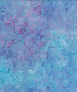 Batik fabric with a purple and blue gradient, dotted with bright-outlined oval motifs scattered across the surface.