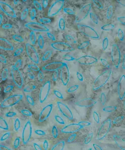 Batik fabric with an earthy dark green and gray background, adorned with bright blue oval motifs.