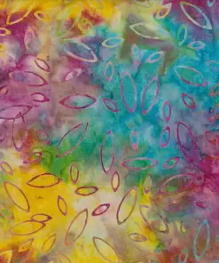 Multicolor batik fabric with yellow and orange abstract oval patterns over a dynamic rainbow gradient background.