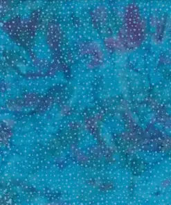 Bright bondi blue dotted batik fabric with striking teal and purple undertones, speckled with light dots on 100% premium cotton, handcrafted in Indonesia.