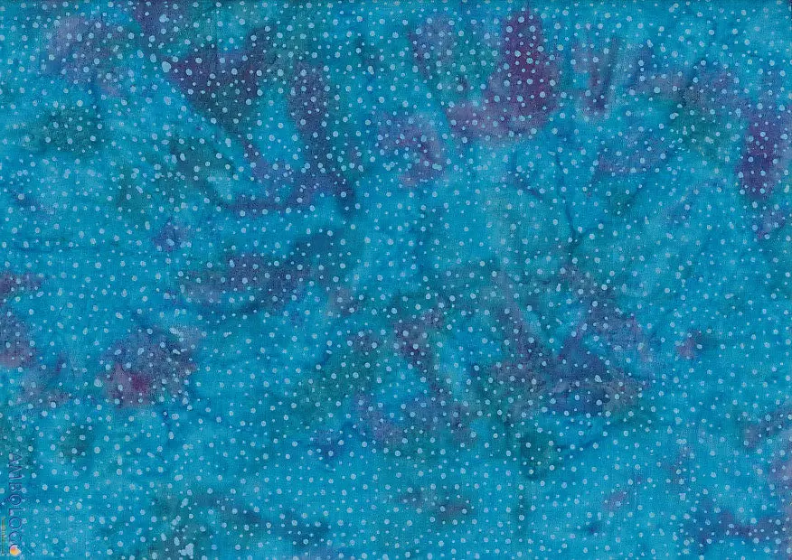 Bright bondi blue dotted batik fabric with striking teal and purple undertones, speckled with light dots on 100% premium cotton, handcrafted in Indonesia.
