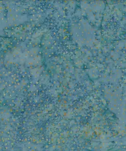 Detailed view of cadet blue dotted batik fabric with intricate golden-yellow speckles on 100% Indonesian cotton, ideal for vibrant sewing crafts.