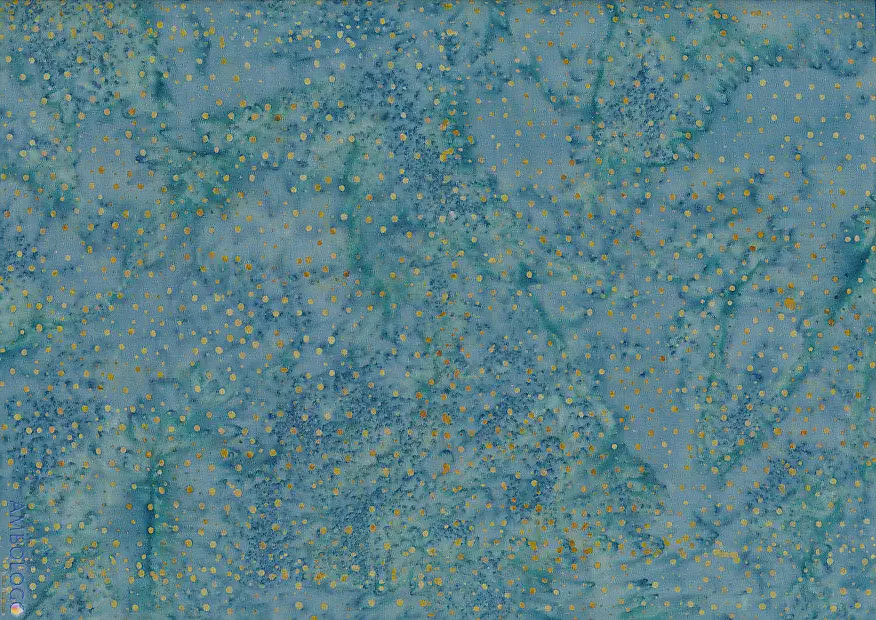 Detailed view of cadet blue dotted batik fabric with intricate golden-yellow speckles on 100% Indonesian cotton, ideal for vibrant sewing crafts.