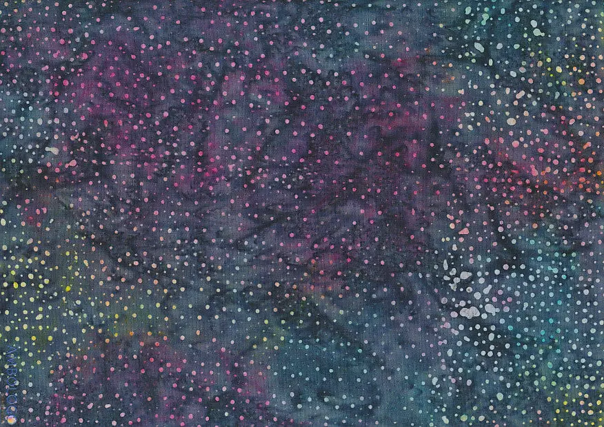 Authentic dark blue-purple dotted batik fabric showing a celestial, galaxy-like speckled pattern on 100% premium cotton, handcrafted in Indonesia.