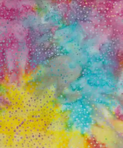 Spectacular multicolor dotted batik fabric featuring a vibrant rainbow tie-dye effect with speckles on 100% cotton, handcrafted in Indonesia.