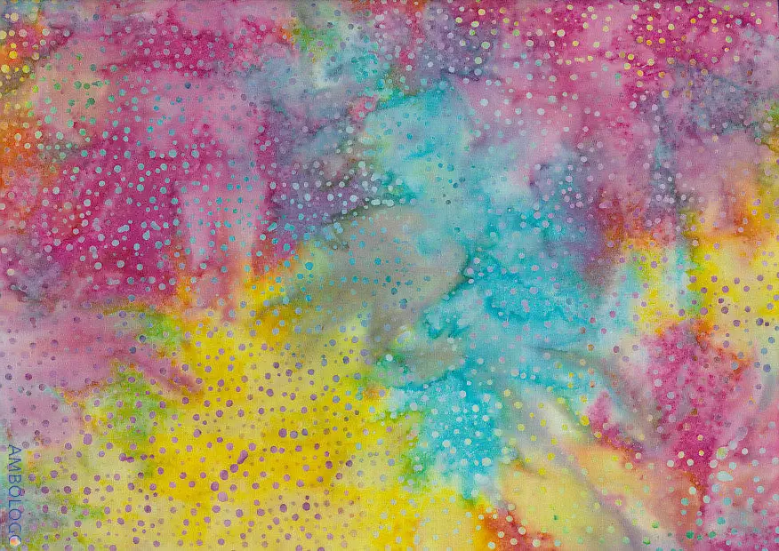 Spectacular multicolor dotted batik fabric featuring a vibrant rainbow tie-dye effect with speckles on 100% cotton, handcrafted in Indonesia.