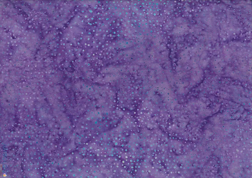 Authentic true purple dotted batik fabric featuring royal violet marbling and delicate light cyan speckles on 100% premium cotton, ideal for elegant sewing.