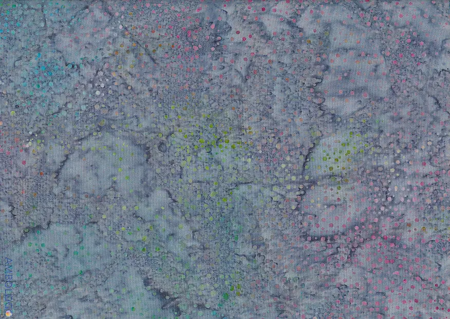 Unique slate gray purple dotted batik fabric featuring a moody gray background with vibrant multicolored rainbow speckles on pure cotton.
