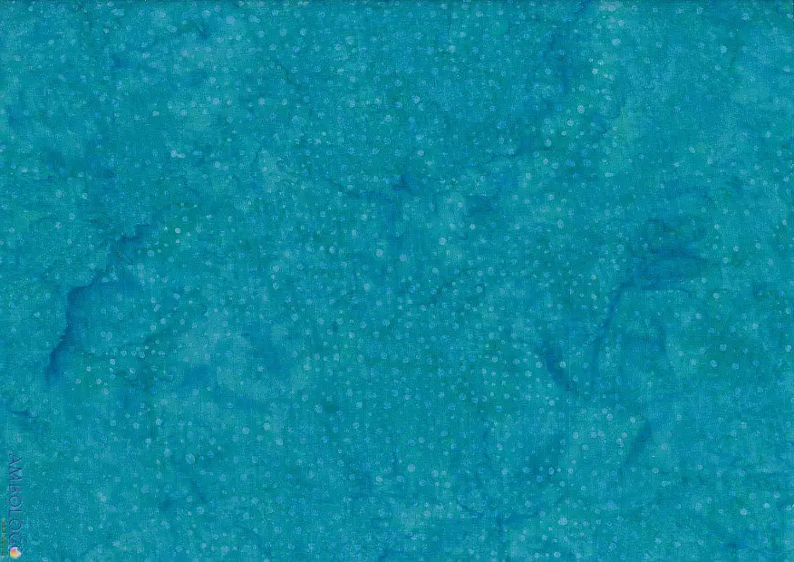Vibrant teal dotted batik fabric featuring a bright turquoise ocean background with light speckling and marbling on 100% premium cotton.