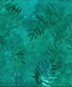 Hand-dyed deep blue and seafoam teal tropical palm frond Indonesian batik cotton fabric for quilting and apparel.
