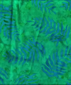 Vibrant emerald green and turquoise blue palm branch pattern hand-dyed tropical batik fabric by the yard