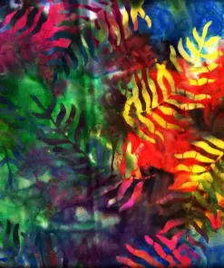 Multicolored rainbow tie-dye background with vibrant tropical palm fronds hand-dyed batik fabric by the yard.