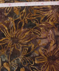 Coneflower Brown Floral Batik Fabric hand stamped on 100 percent combed cotton in earthy amber gold and mocha tones for quilting