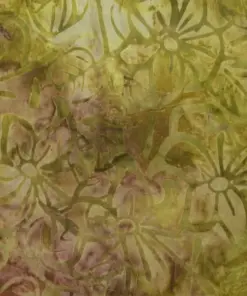 Authentic Autumn Sage green botanical stamp batik fabric featuring hand-dyed floral and leaf motifs for premium quilting and sewing.