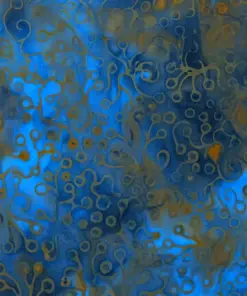 Bright azure blue and sandy brown Geometric Coral Batik Fabric with continuous abstract coral and sea foam shapes.