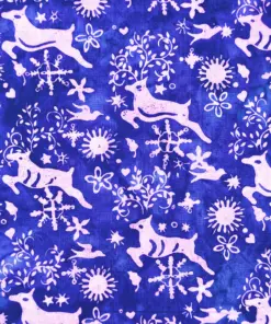 eep blue Christmas deer batik fabric featuring winter snowflakes and traditional reindeer motifs for holiday quilting.