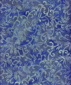 Blue fern vine hand-stamped batik cotton fabric with royal blue botanical leaf swirls for quilting and sewing by the yard