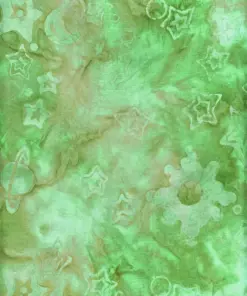 Hand-dyed brown green galaxy batik cloth with stamped stars and planets, authentic cotton fabric for Christmas theme quilting and sewing.