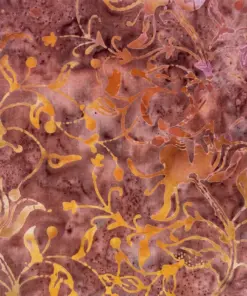 Burgundy red and spiced orange wild ivy botanical hand-dyed batik quilting fabric by the yard.