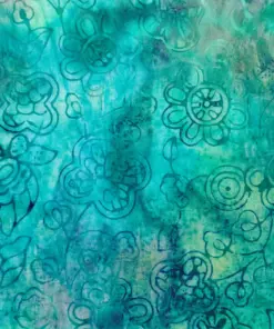 Coastal teal and turquoise green hand-stamped Indonesian botanical batik fabric with floral vine patterns.
