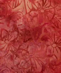 Vibrant Crimson Peony red botanical stamp batik fabric showing authentic hand-dyed floral patterns and wax-resist textures.