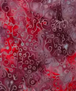 Deep crimson red and maroon batik fabric showcasing an abstract underwater precious coral motif.