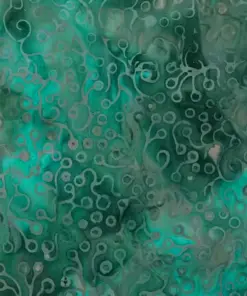 Emerald green and teal batik fabric featuring a flowing underwater kelp forest and coral design.